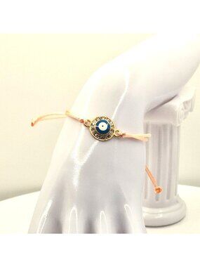Evil Eye Protection Bracelet Adjustable Cord And Crystal Accents Gold-Tone Charm